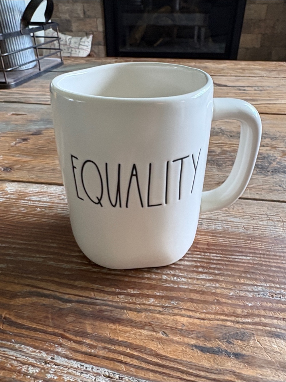 Rae Dunn White Ceramic 16 oz Mug with BLACK 'EQUALITY' Lettering